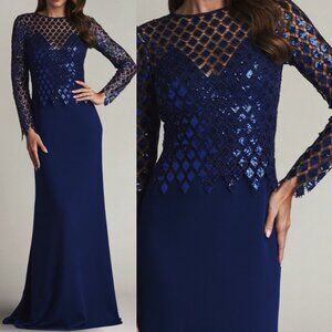 NWT Tadashi Shoji Caddel Sequin Illusion Gown Dress CCZ23395L Midnight Size 12